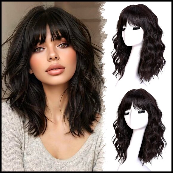 Shoulder Length Bob Wig with Bangs Wavy Heat Resistant Synthetic Hair